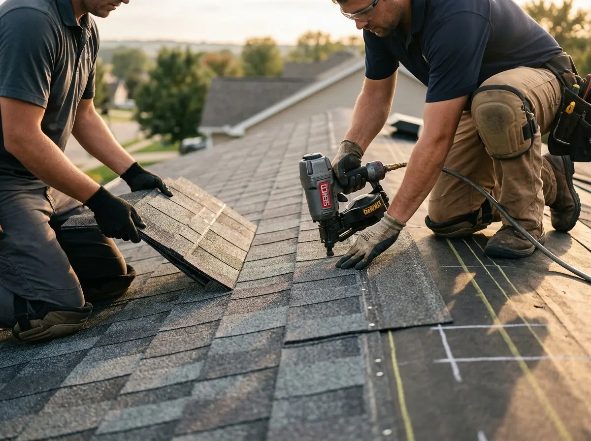 Professional roofer working on a residential roof in Edgewater